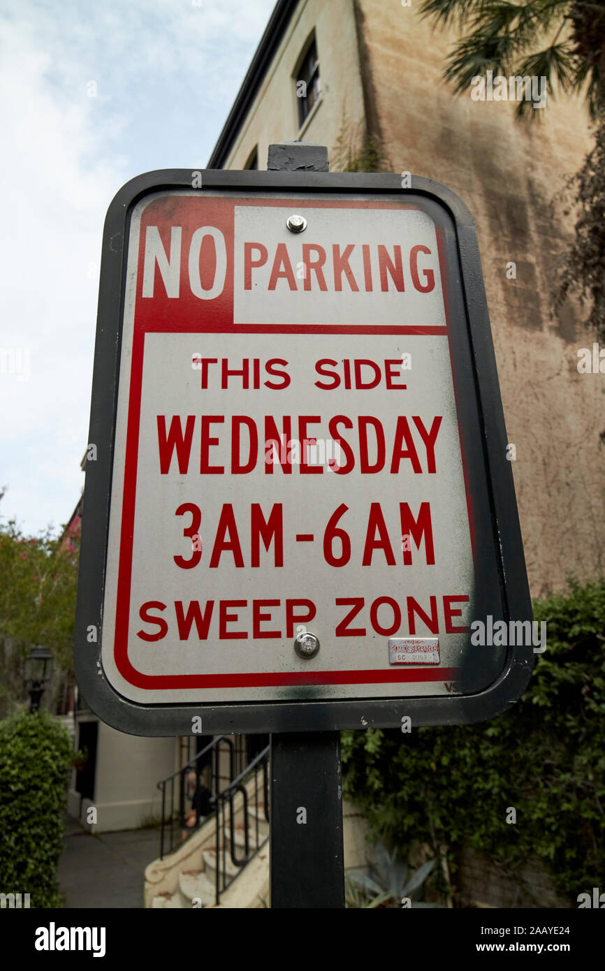 no parking sign for wednesday sweep zone historic city of savannah georgia usa Stock Photo