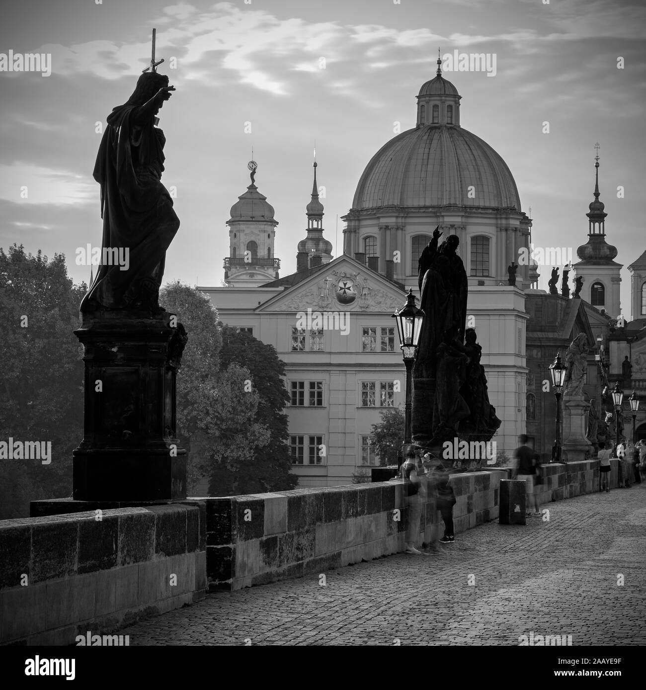 The Old Town bridge tower, statues and lanterns on Charles bridge in ...