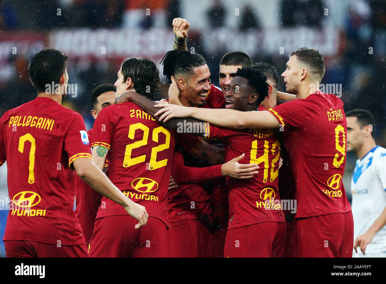 Rome Italy 24th Nov 2019 Chris Smalling Of Roma Celebrates With His Teammates After Scoring 1 0 Goal During The Italian Championship Serie A Football Match Between As Roma And Brescia Calcio On