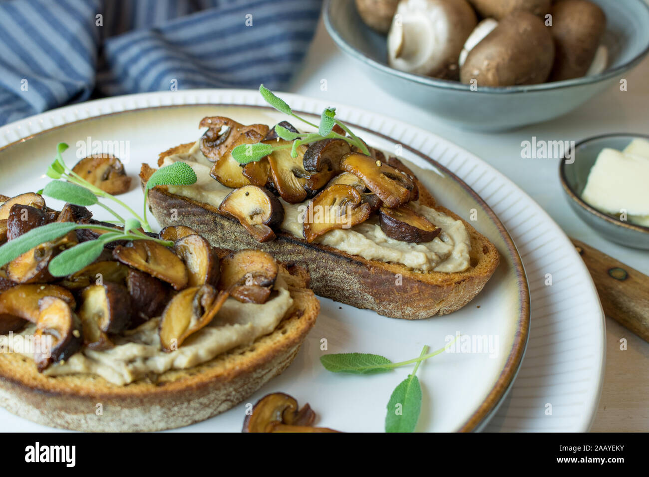 Food photography of toasted ciabatta bread crostini with mushroom paté