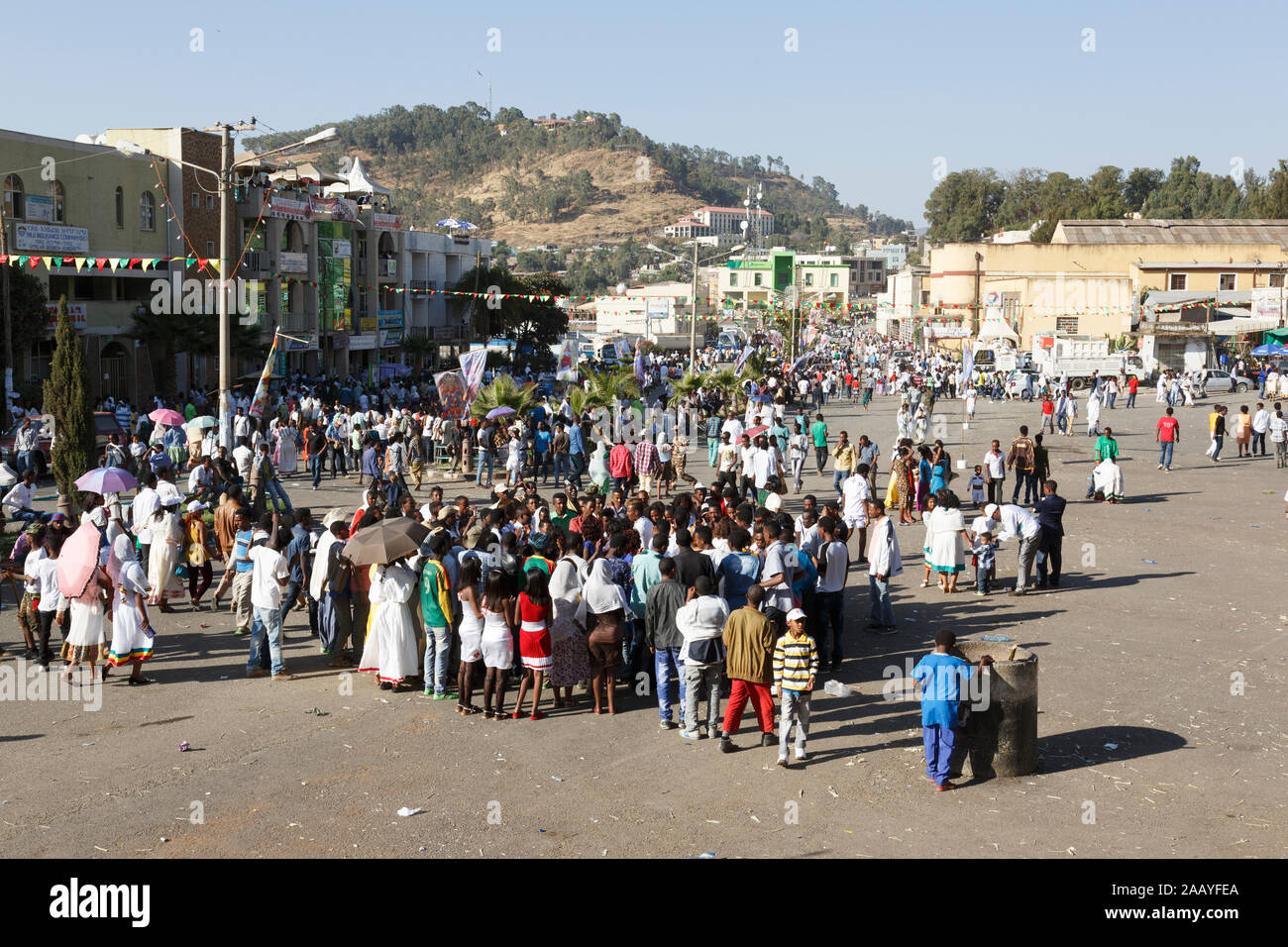 Gonder, Ethiopia, February 18 2015: Locals celebrate the Timkat festival in the city of Gonder, the important Ethiopian Orthodox celebration of Epipha Stock Photo