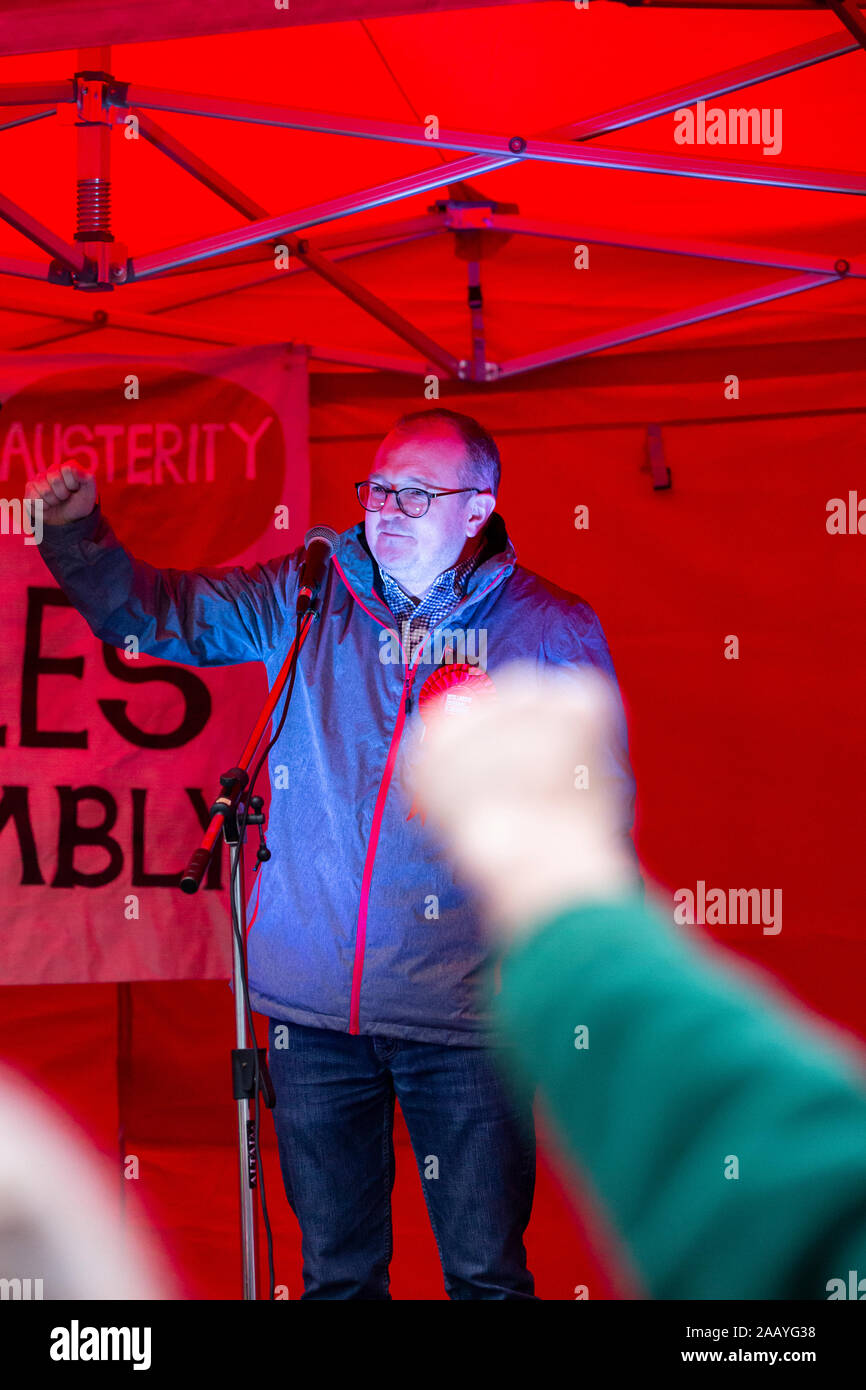 Carmarthen, UK. 24 November, 2019. Prospective Parliamentary Candidate Marc Tierney speaks at the Labour Party Rally in Carmarthen. Credit: Gruffydd Ll. Thomas/Alamy Live News Stock Photo
