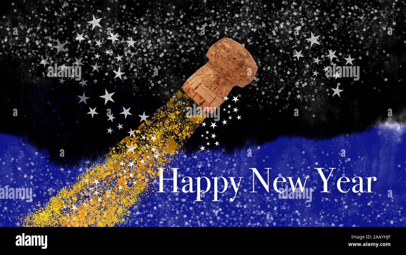 Close up of cork popping out from bottle with sparkling wine at party