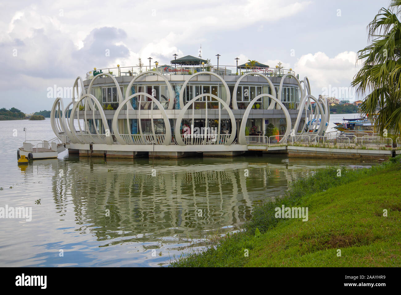 HUE, VIETNAM - DECEMBER 15, 2015: The building of the tourist information center on the Perfume river close-up Stock Photo