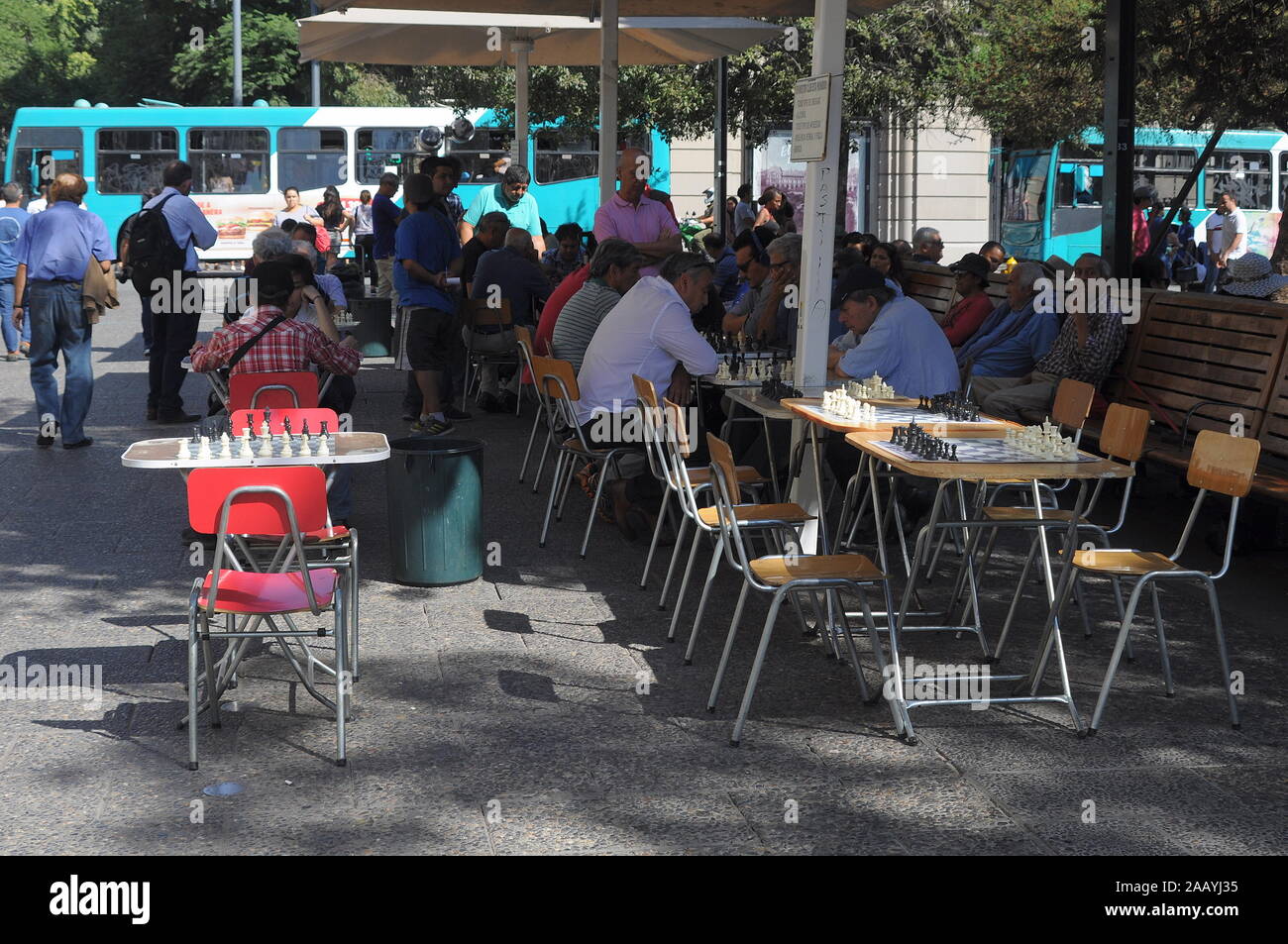 PLAYING CHESS IN PLAZA DE ARMAS, SANTIAGO, CHILE. Stock Photo