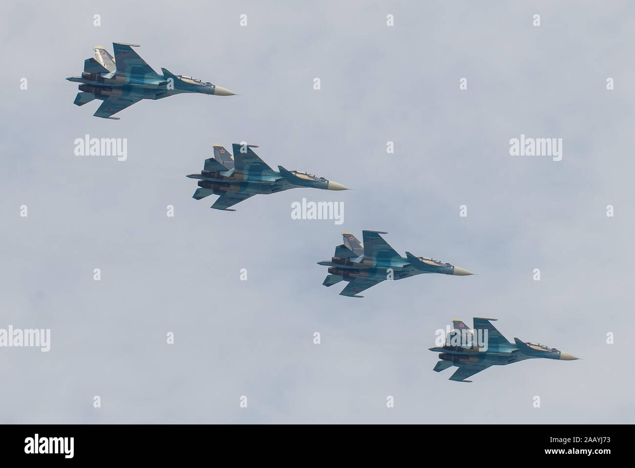 ST. PETERSBURG, RUSSIA - JULY 30, 2017: Four Russian multifunctional supersonic fighter-bomber Su-34 at a military parade in honor of the Navy Day Stock Photo