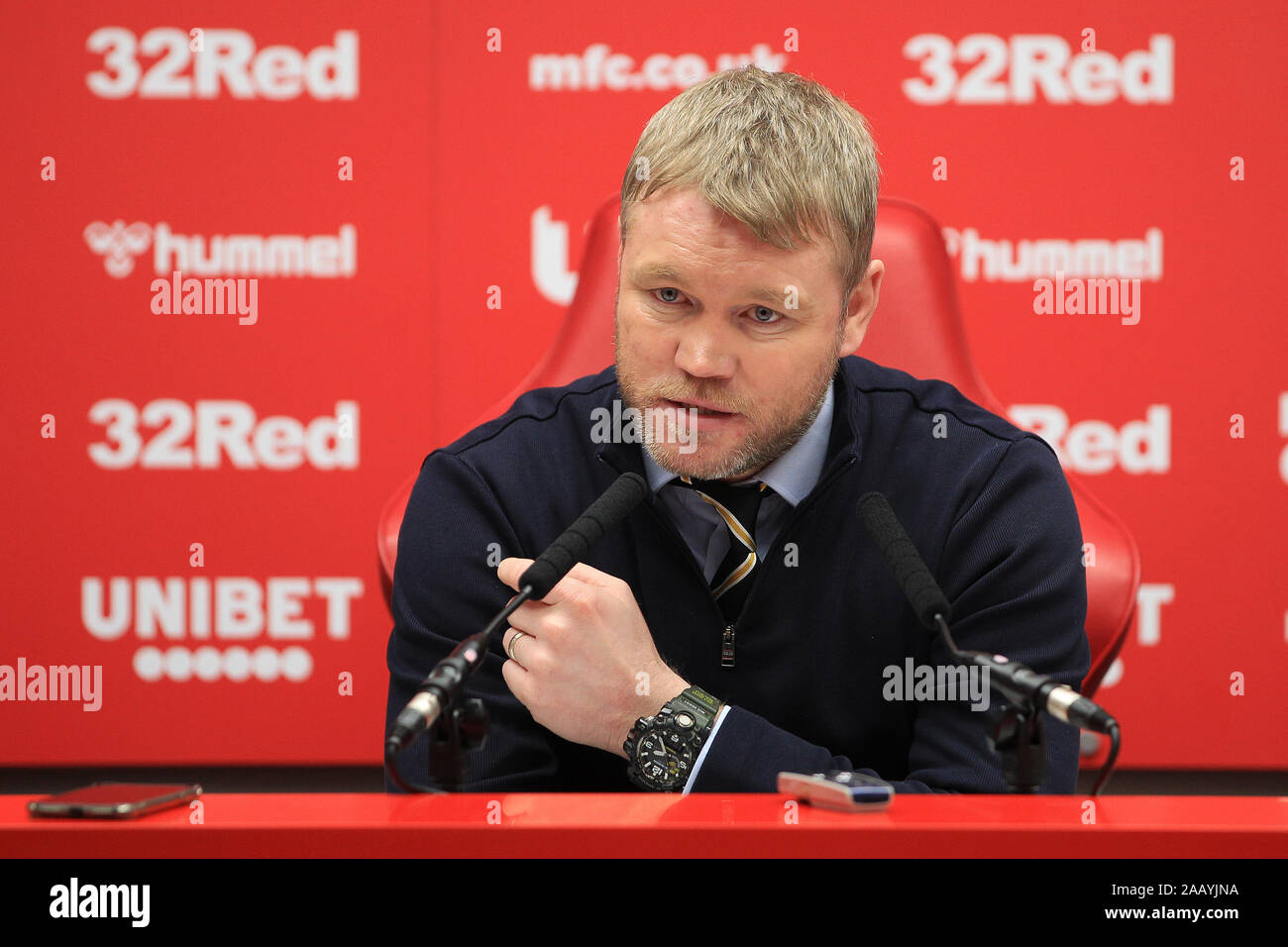 Middlesbrough, UK. 24 November 2019. Hull City manager Grant McCann speaks to the press after the Sky Bet Championship match between Middlesbrough and Hull City at the Riverside Stadium, Middlesbrough on Sunday 24th November 2019. Stock Photo