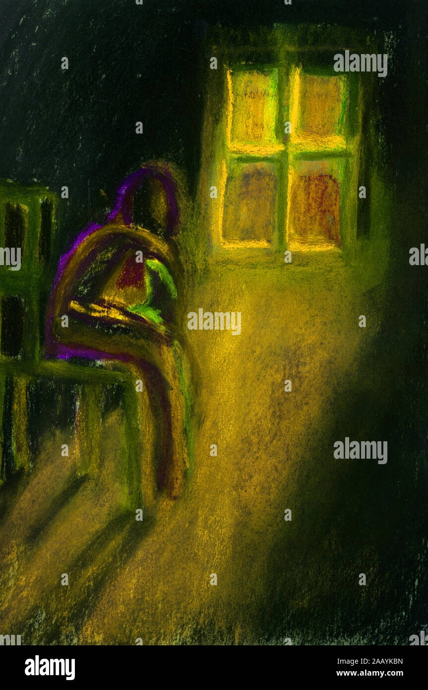 Sorrow man sits before window in dark room. Abstract digital painting Stock Photo
