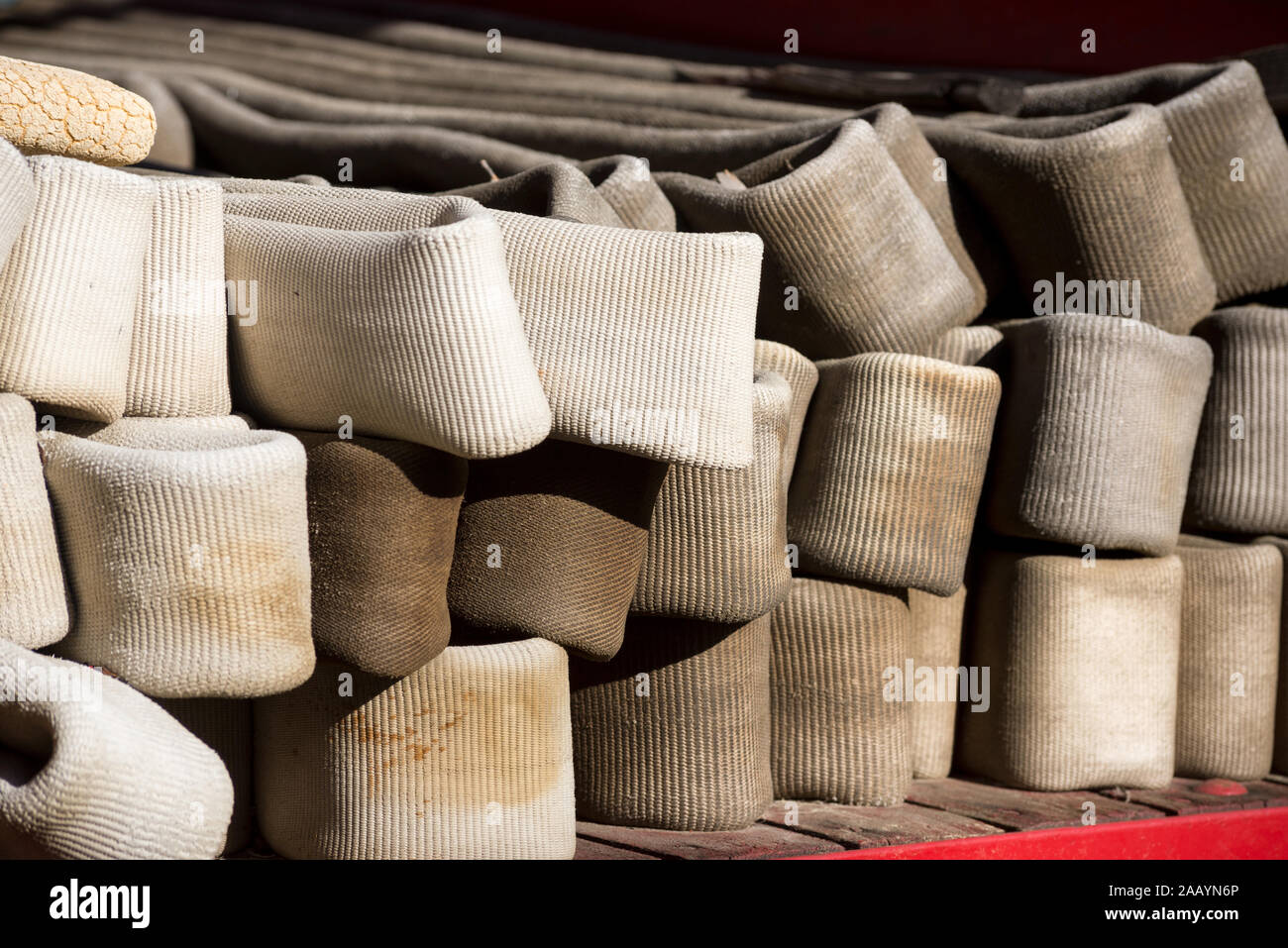 Fire hose in the back of an old fire truck in Sumpter, Oregon. Stock Photo