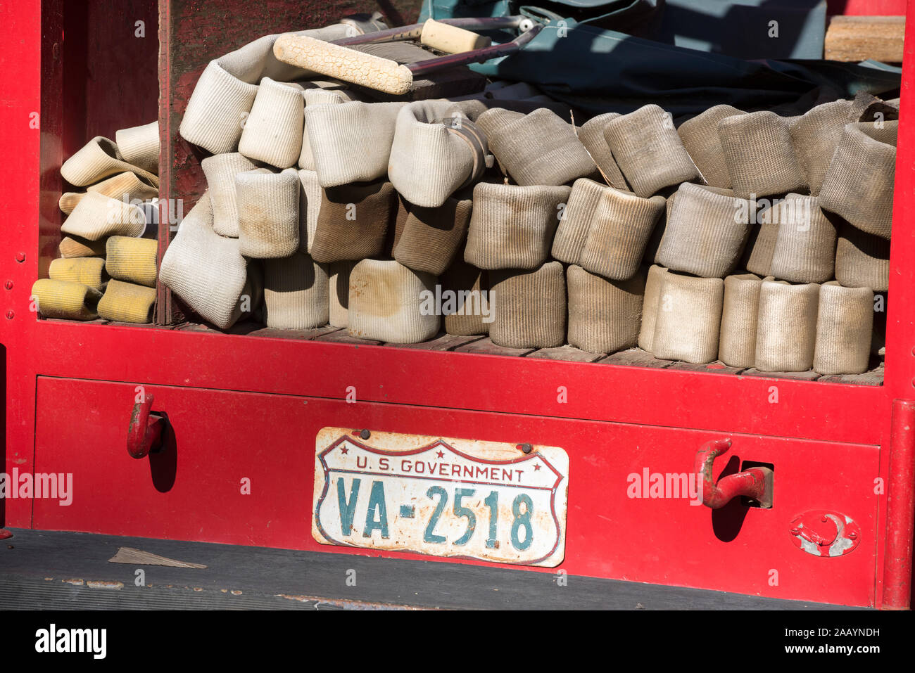 Fire hose in the back of an old fire truck in Sumpter, Oregon. Stock Photo