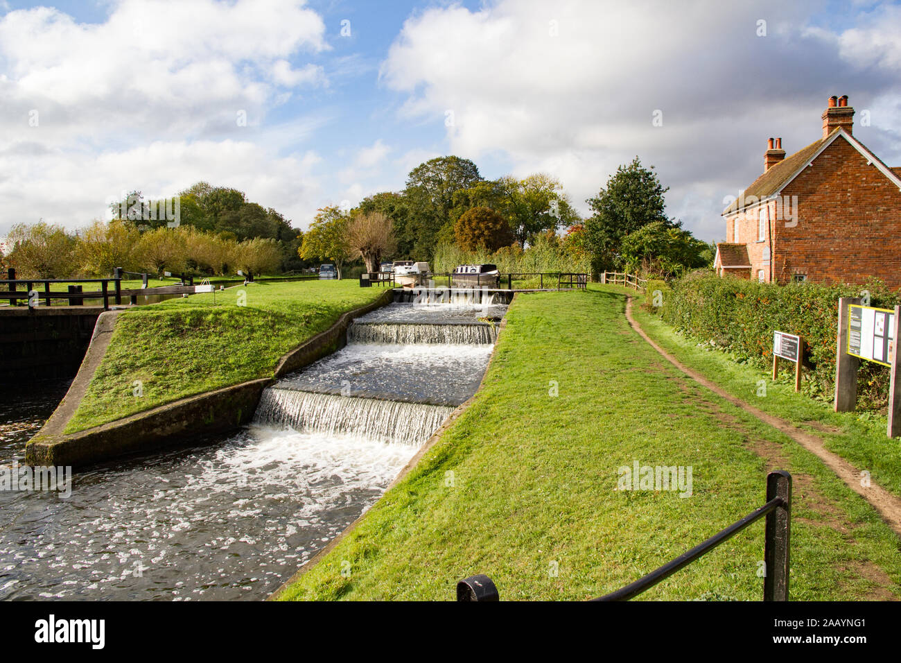 View of historic 17th century Papercourt lock and overspill weir