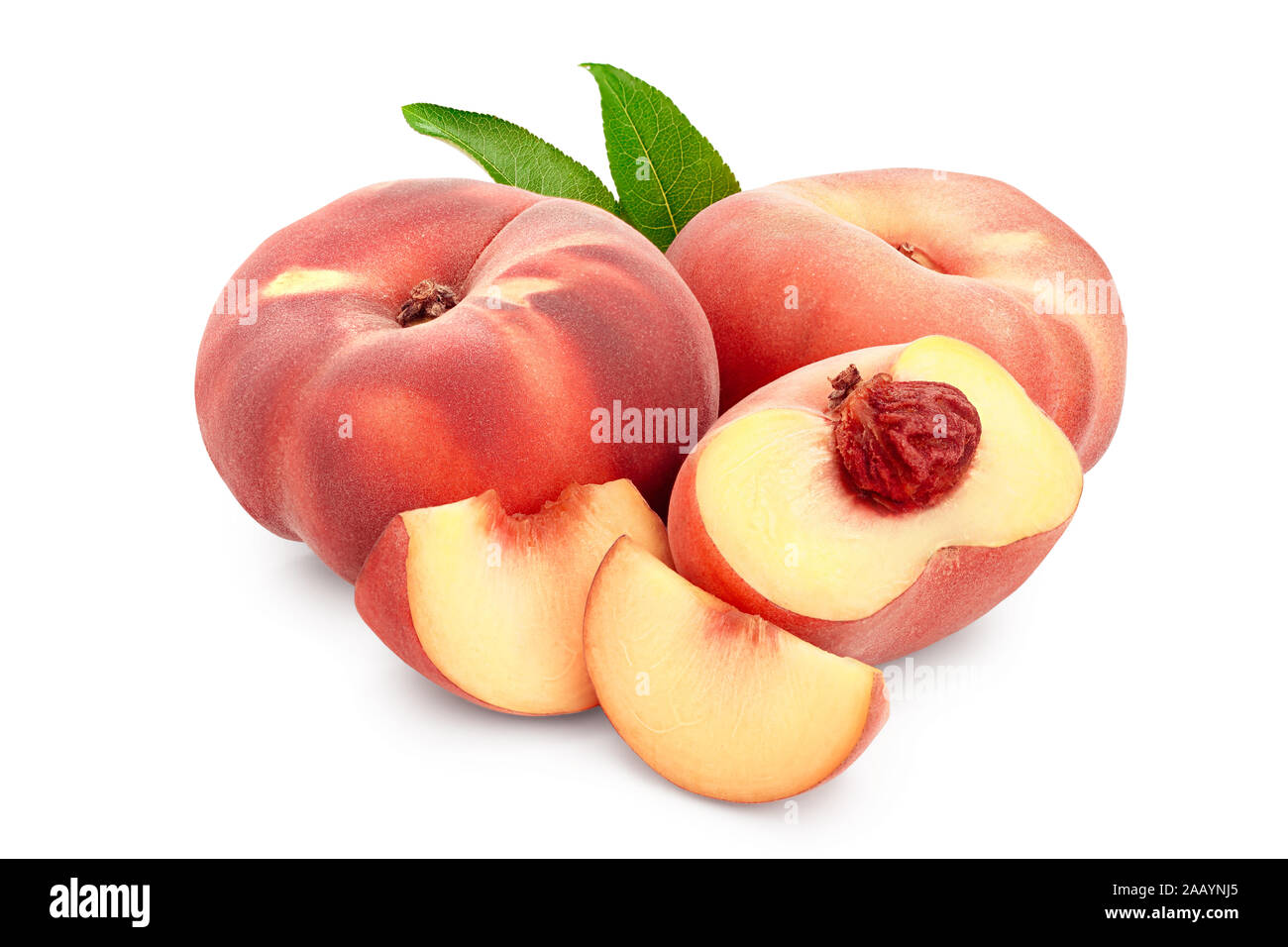 Ripe chinese flat peach fruit and half with leaf isolated on white
