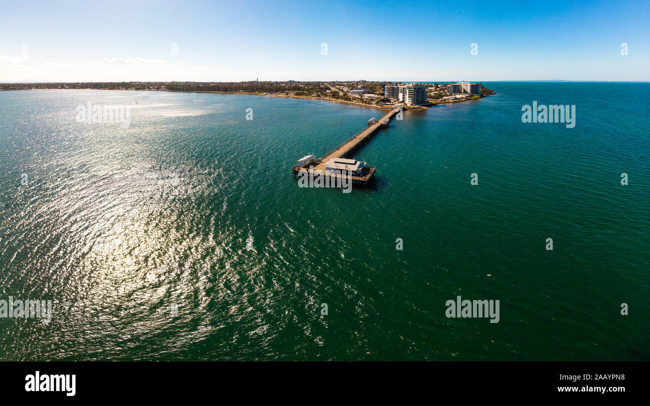 Woody Point Jetty is famous landmark on the Moreton Bay on Redcliffe