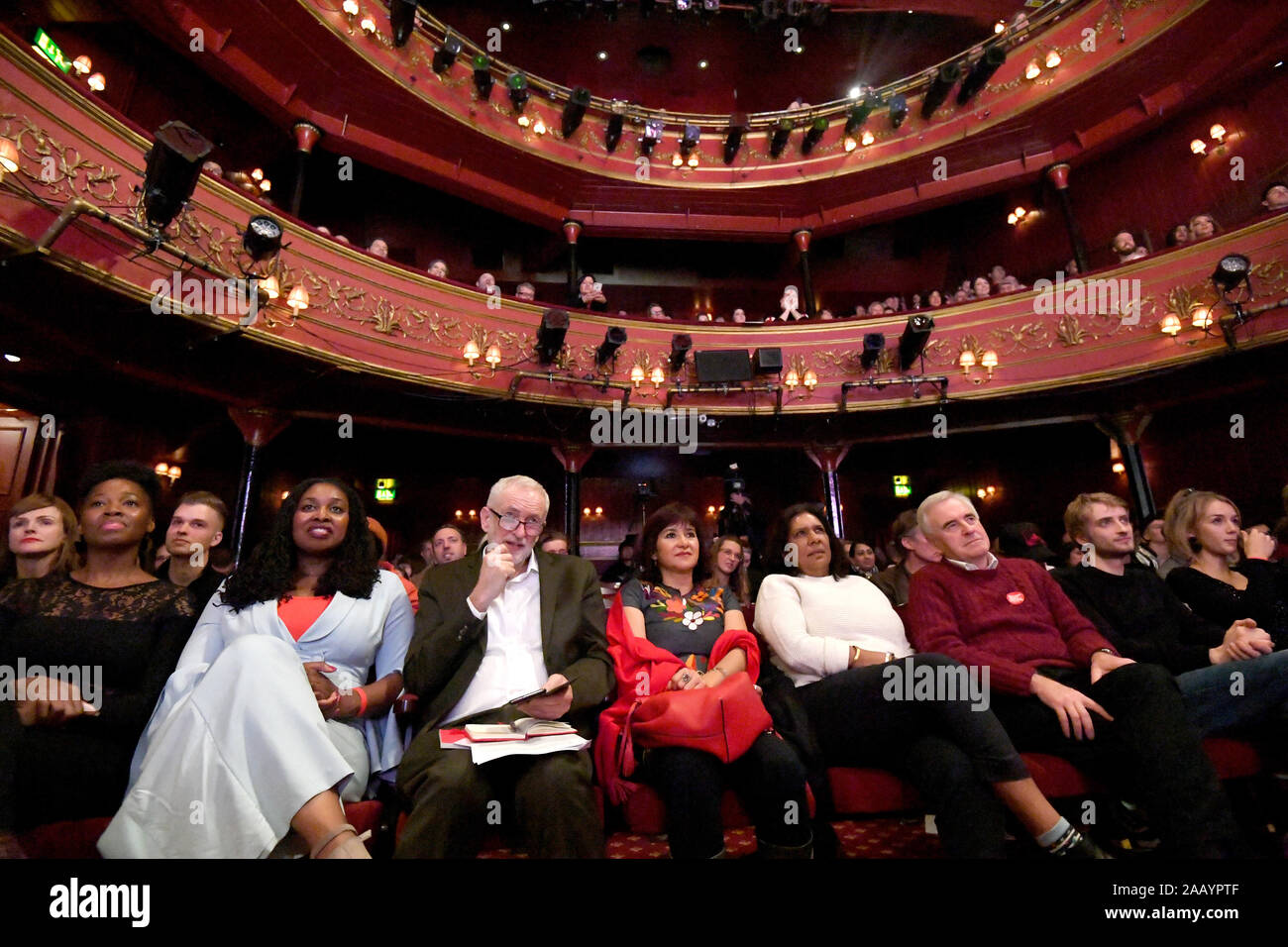 Emeli Sande (left), Dawn Butler, Jeremy Corbyn, next to his wife Laura Alvarez, and Shadow chancellor John McDonnell at the Theatre Royal Stratford East in London, ahead of the Labour Party leader announcing his party's 'arts for all' policy. Stock Photo