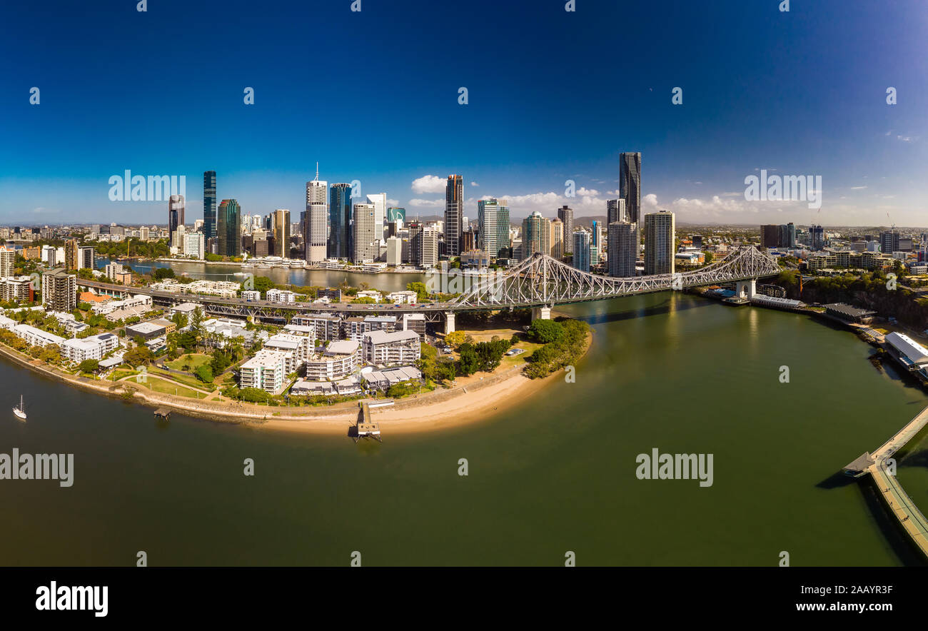 BRISBANE, AUSTRALIA - August 24 2019: Brisbane city with CBD and Story Bridge, aerial drone panoramic view. Stock Photo