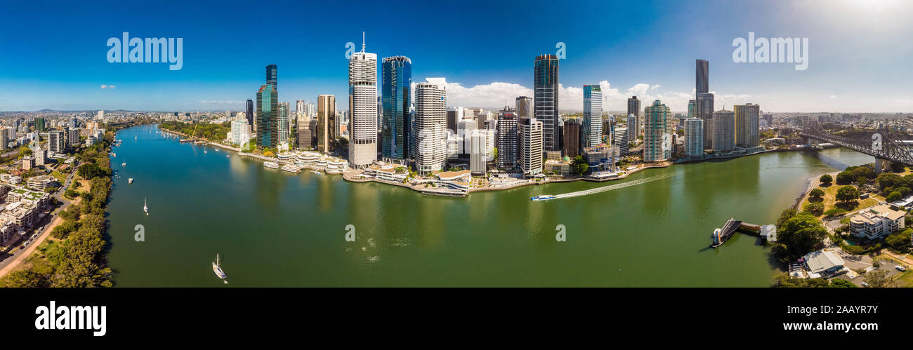 BRISBANE, AUSTRALIA - August 24 2019: Brisbane city with CBD and Story Bridge, aerial drone panoramic view. Stock Photo