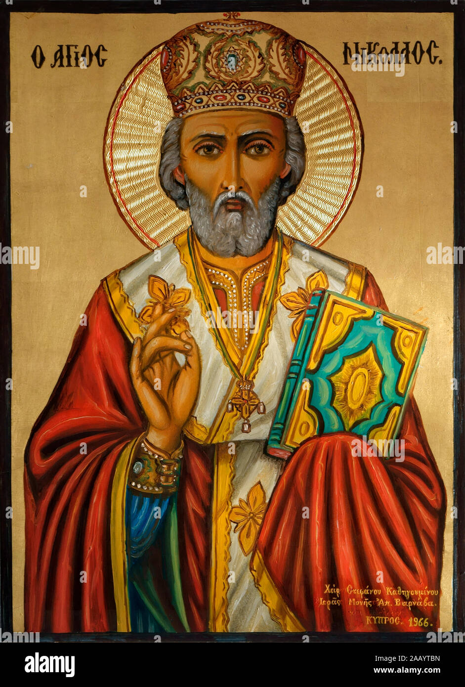 CY - NORTH CYPRUS: Icon depicting St. Nicholas painted in 1966 by one of the last three monks at St. Barnabas Monastery, Salamis near Famagusta. Stock Photo