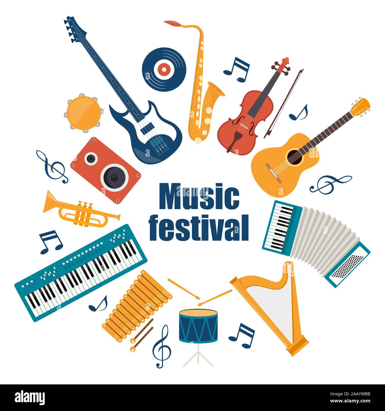 Musical instruments and vinyl record. Music festival invitation. Guitar, synthesizer, violin, cello, drum, cymbals, saxophone accordion tambourine tru Stock Vector