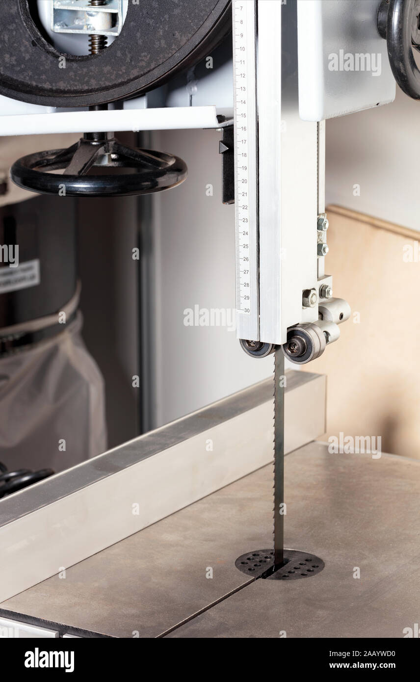 Sharp teeth of a continuous band saw with an adjusting ruler in millimeters on a modern woodworking machine, close-up. Stock Photo