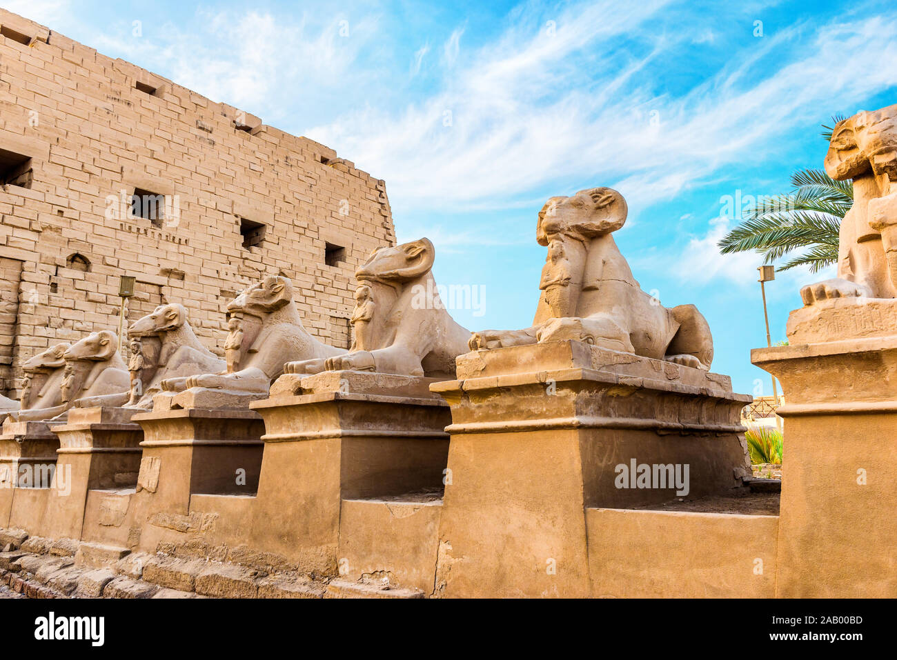 Raw of sphinxes in Karnak Temple of Luxor at summer day, Egypt Stock Photo