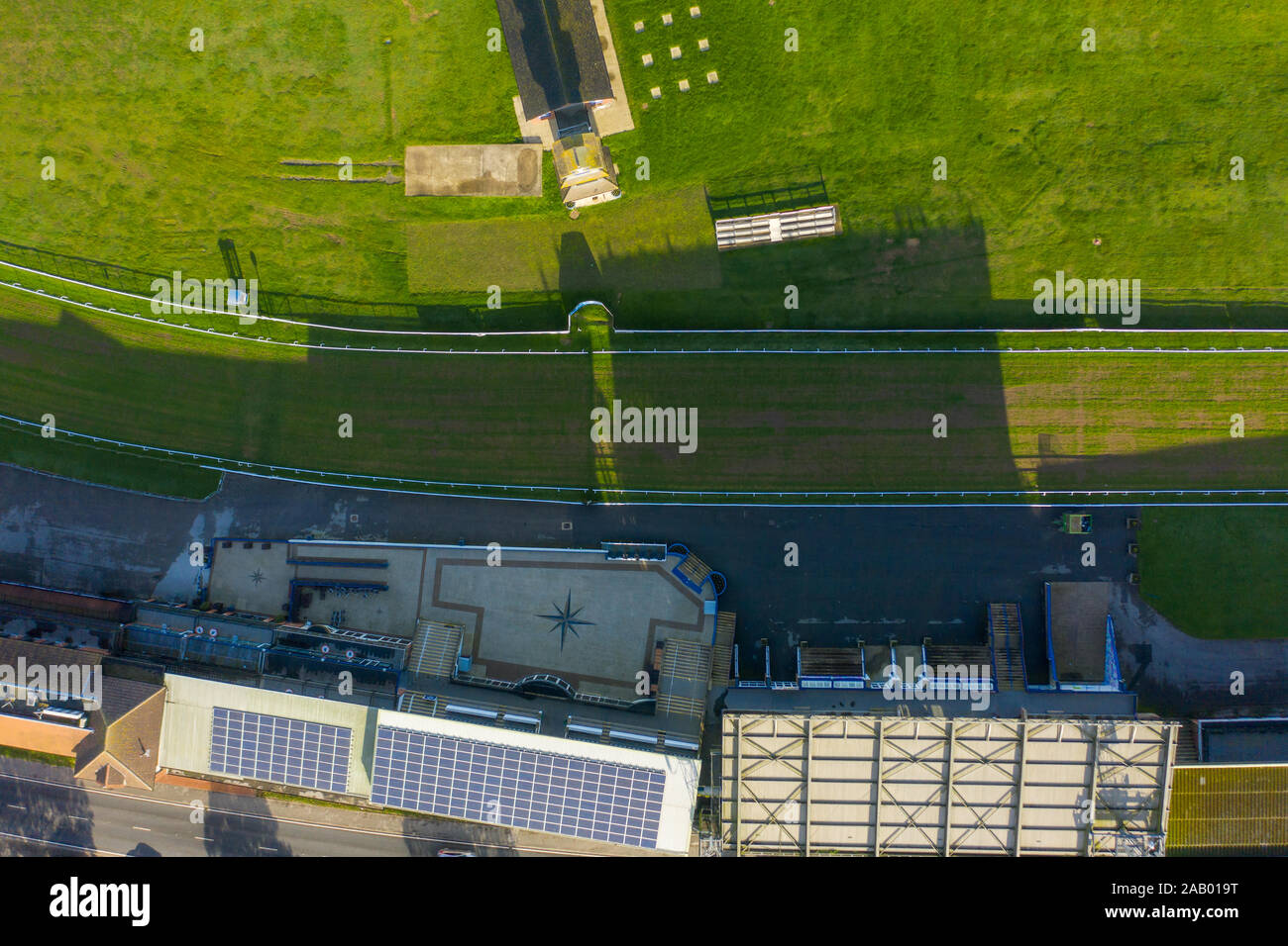 Beverley, UK - 10th November 2019: Aerial shot of Beverley Horse Racecourse, East Yorkshire, UK during early morning light Stock Photo