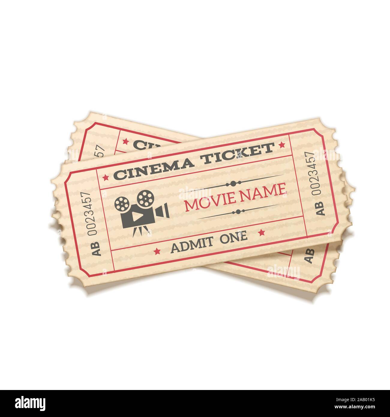 Realistic crossed pair retro cinema tickets isolated on white background Stock Vector