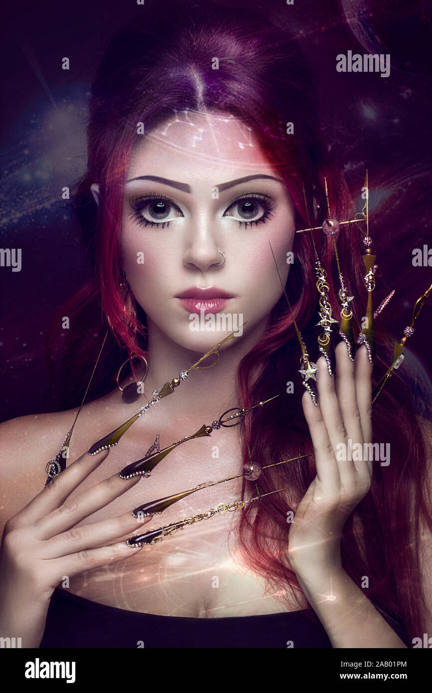 Beautiful girl with art make up in anime style, creative long nails. Design  manicure. Beauty face Stock Photo - Alamy
