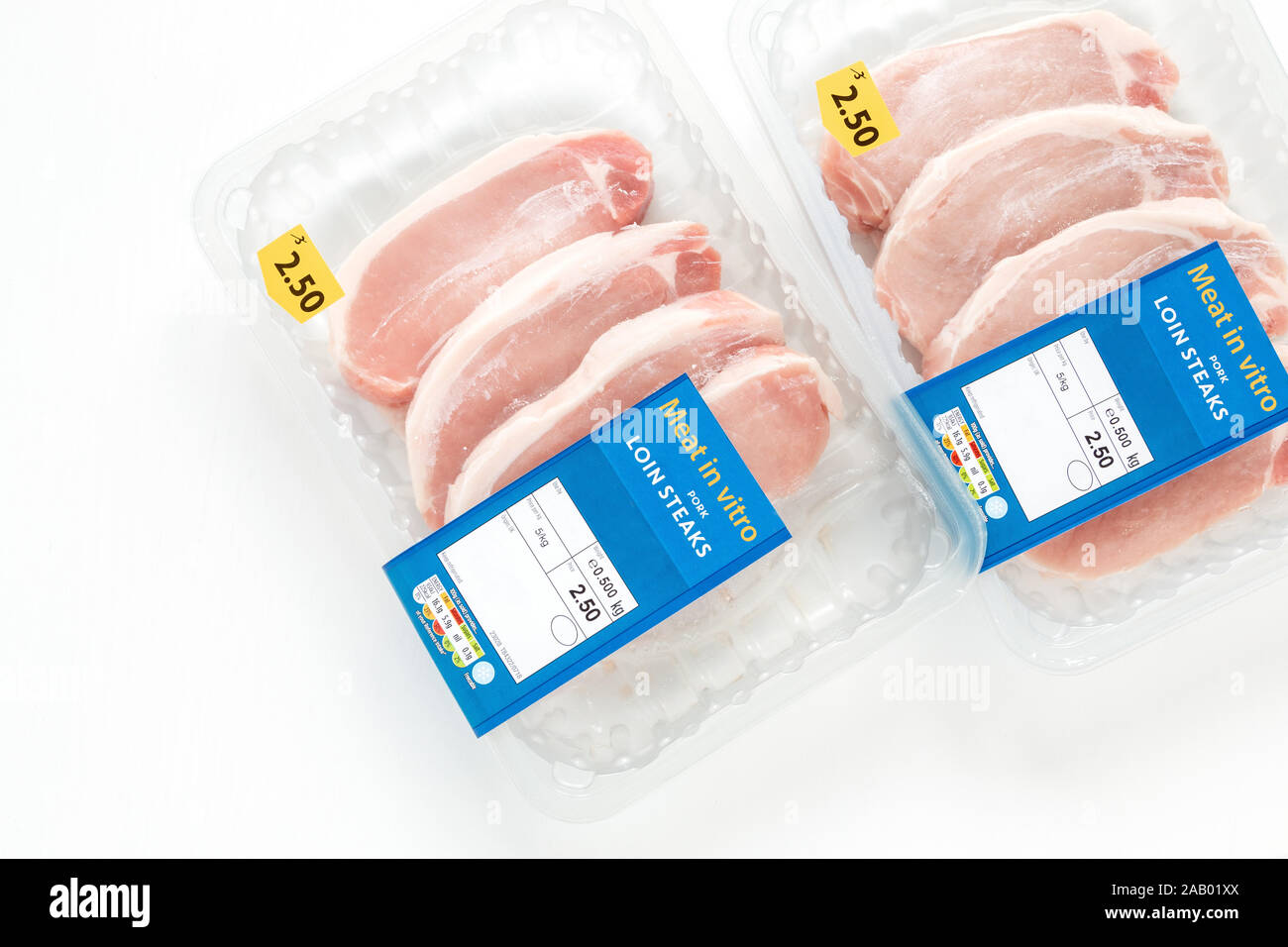 In vitro meat, grown in tubes. Pork in packaging, ready for sale. Stock Photo