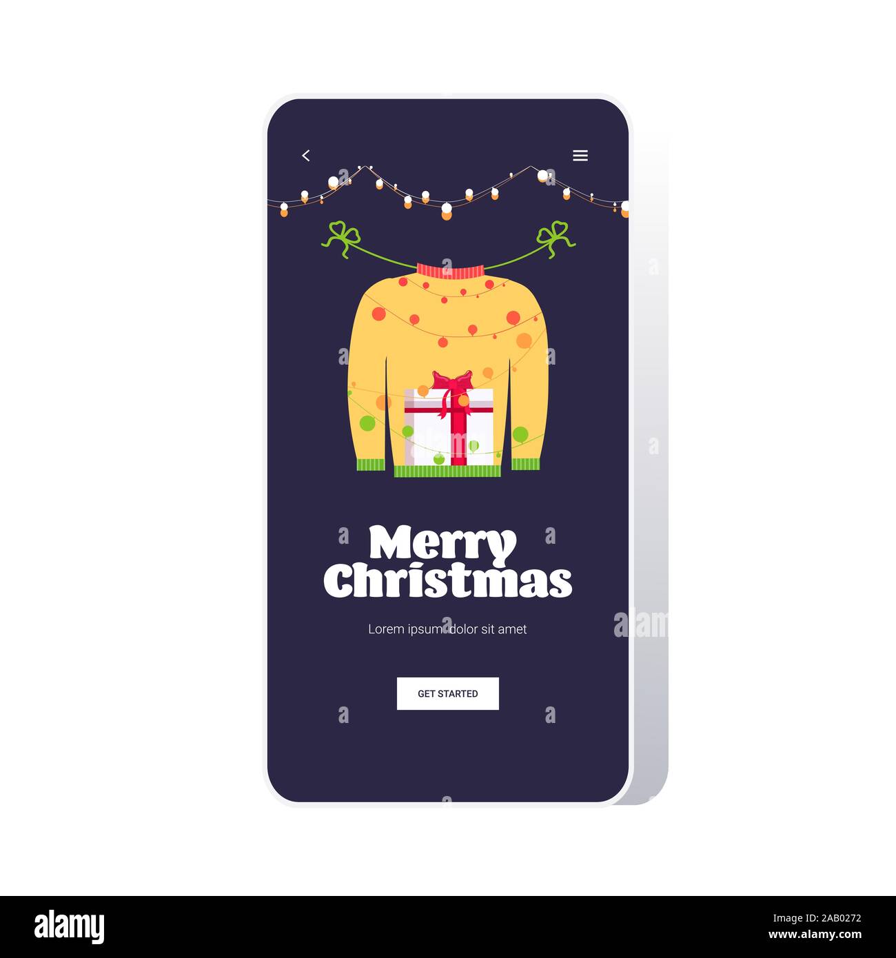 christmas sweaters traditional knitted jumpers with gift box print merry xmas happy new year holidays celebration concept smartphone screen online mobile app greeting card vector illustration Stock Vector