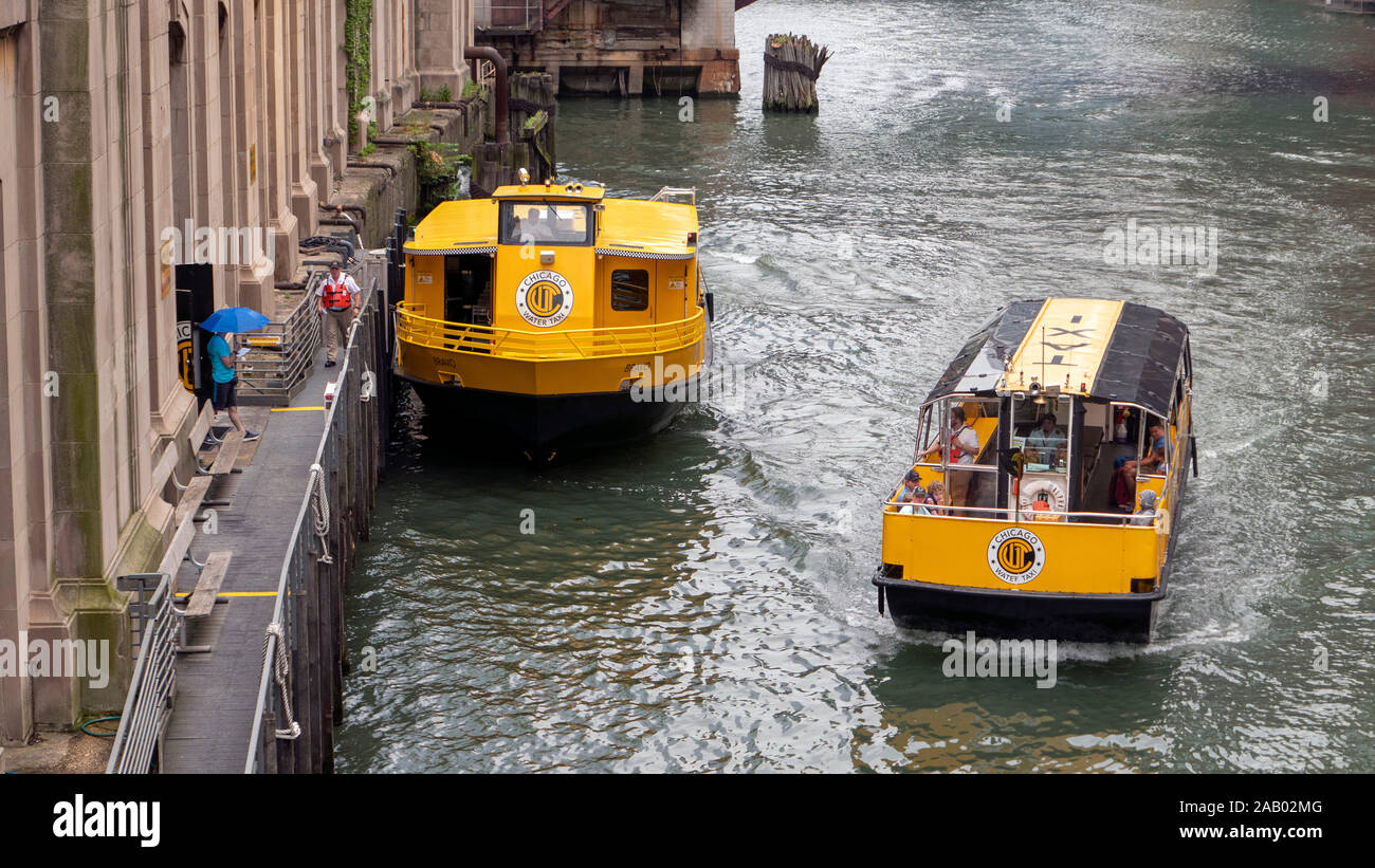 Water taxis at Riverside Plaza Chicago Illinois USA Stock Photo