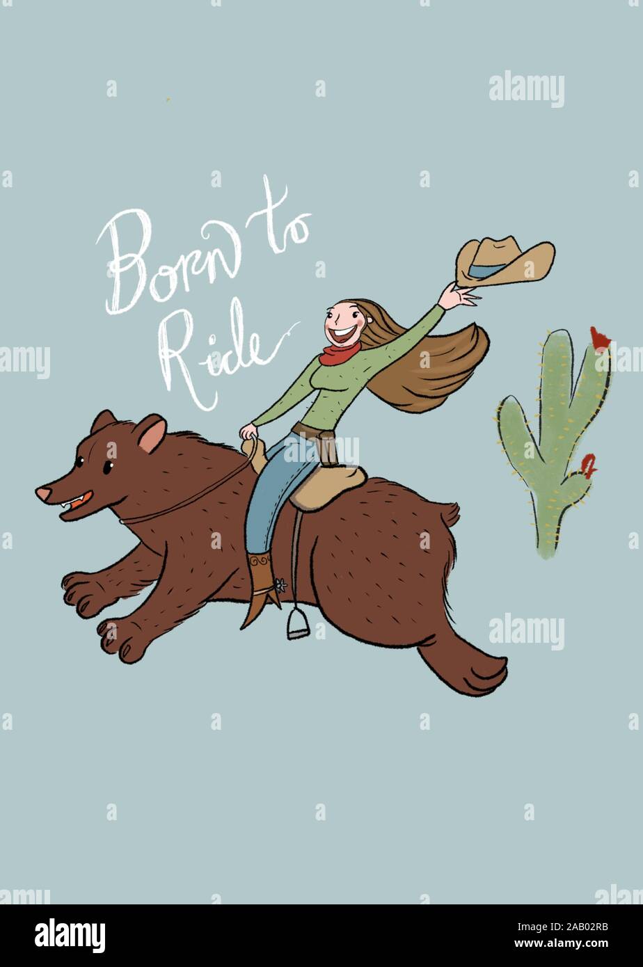 Woman Bear Rider A cowgirl riding on a grizzly bear with the text born to ride Stock ...