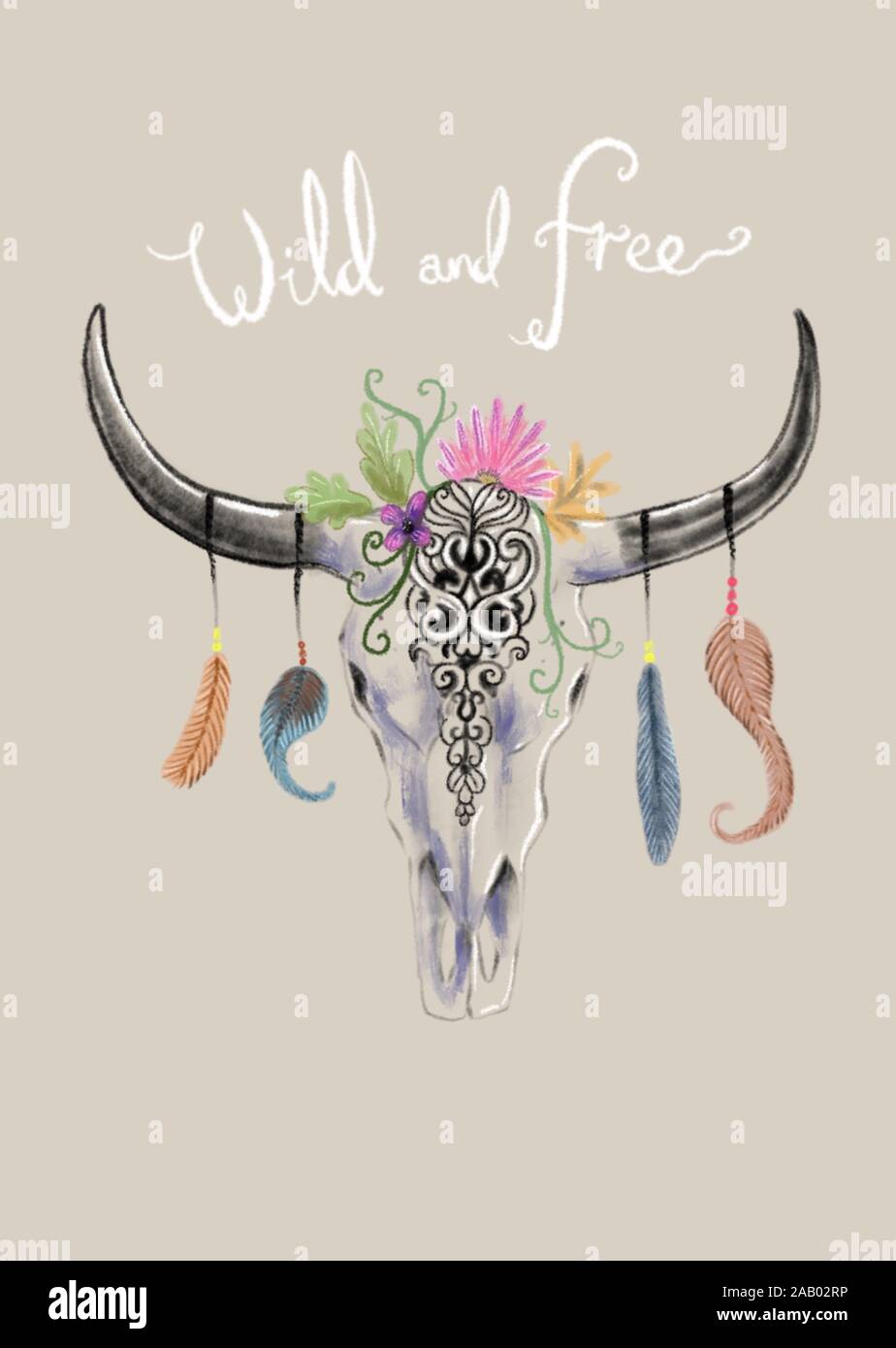 wild and free ethnic bohemian steer skull trendy art Stock Photo