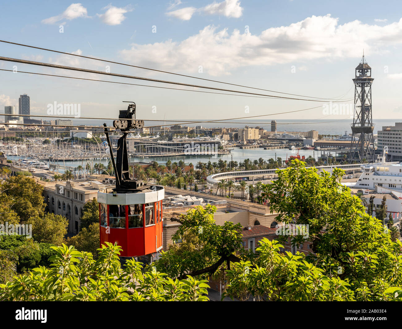 view on historic red cable car cabin and steel tower at the harbor of ...