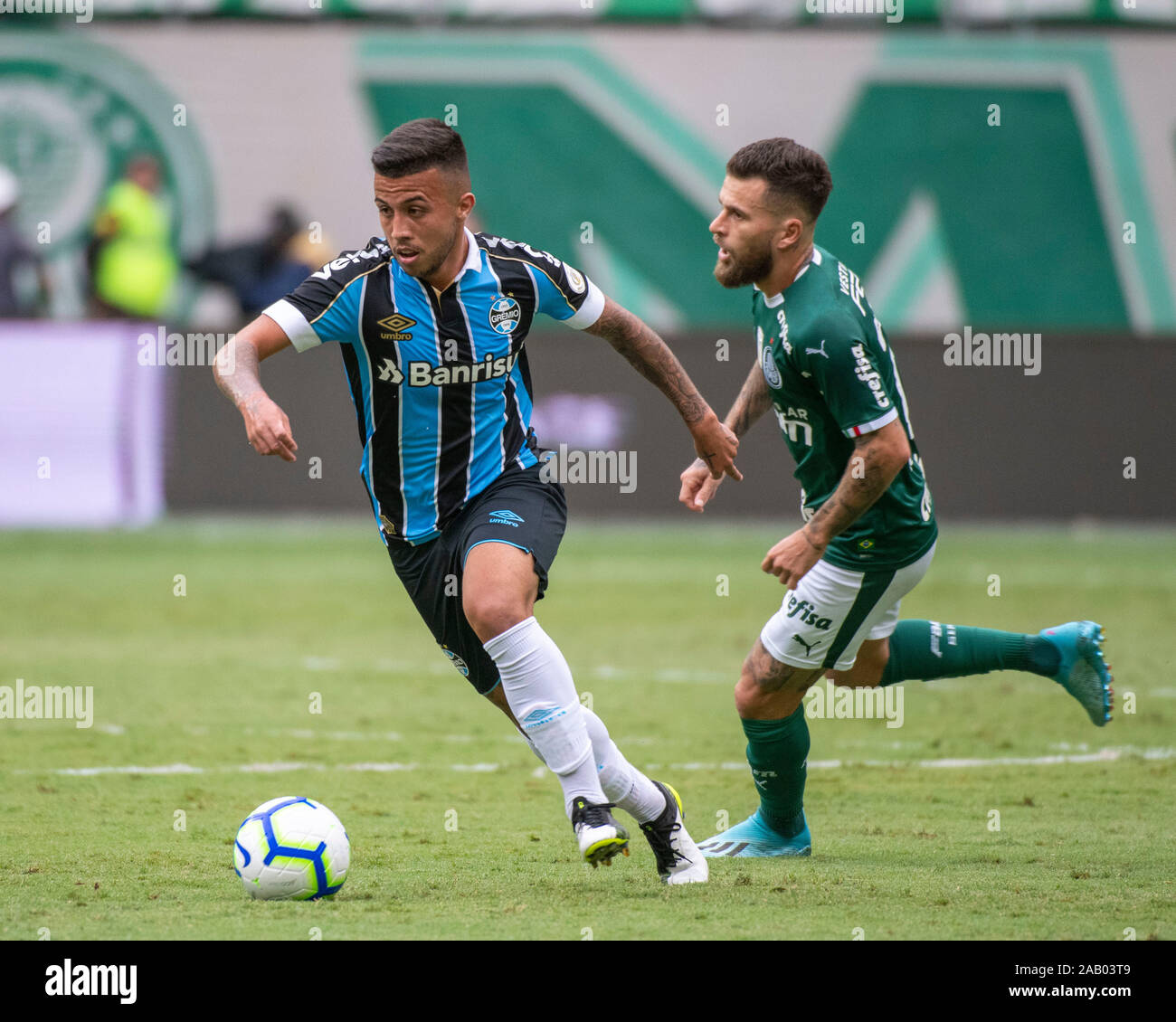 Players of Gremio during the game between Palmeiras and Gremio for the 34th  round of the Brazilian league, known locally as Campeonato Brasiliero. The  game took place at the Allianz Parque in