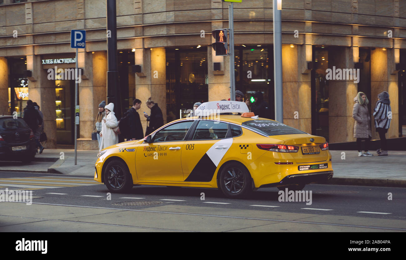 Moscow, Russia — May 27, 2019: Yandex Taxi car near in the center of Moscow on Tverskaya street. Stock Photo