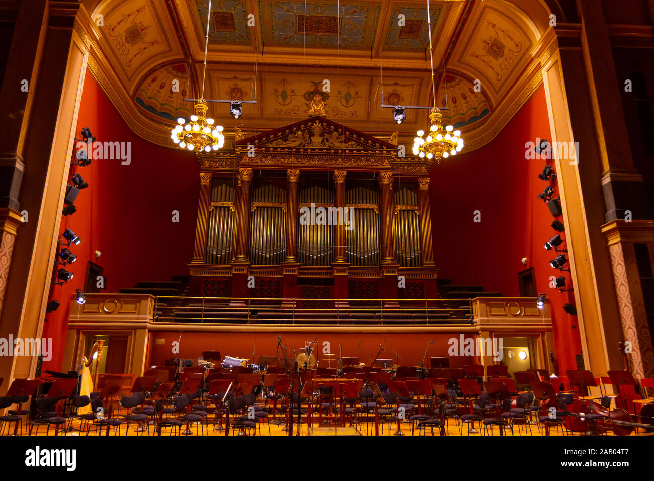 Interior of Rudolfinum Concert Hall. Equipment of the Orchestra in philharmonia, Prague, 20.11.2019. Stock Photo