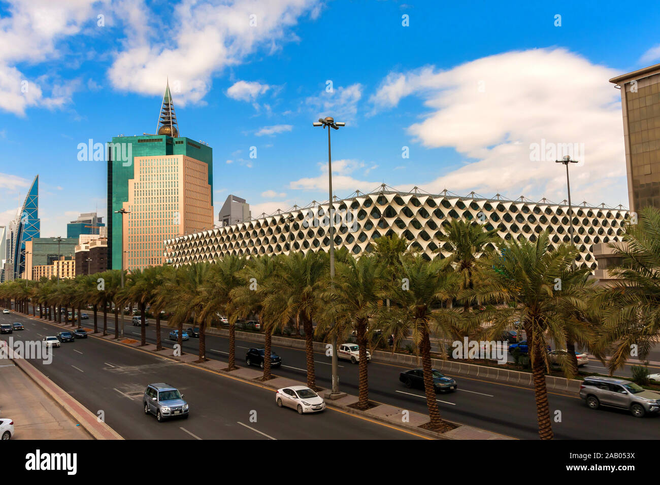 King Fahd Road, King Fahad National Library, and modern architecture in the city downtown, Riyadh Stock Photo