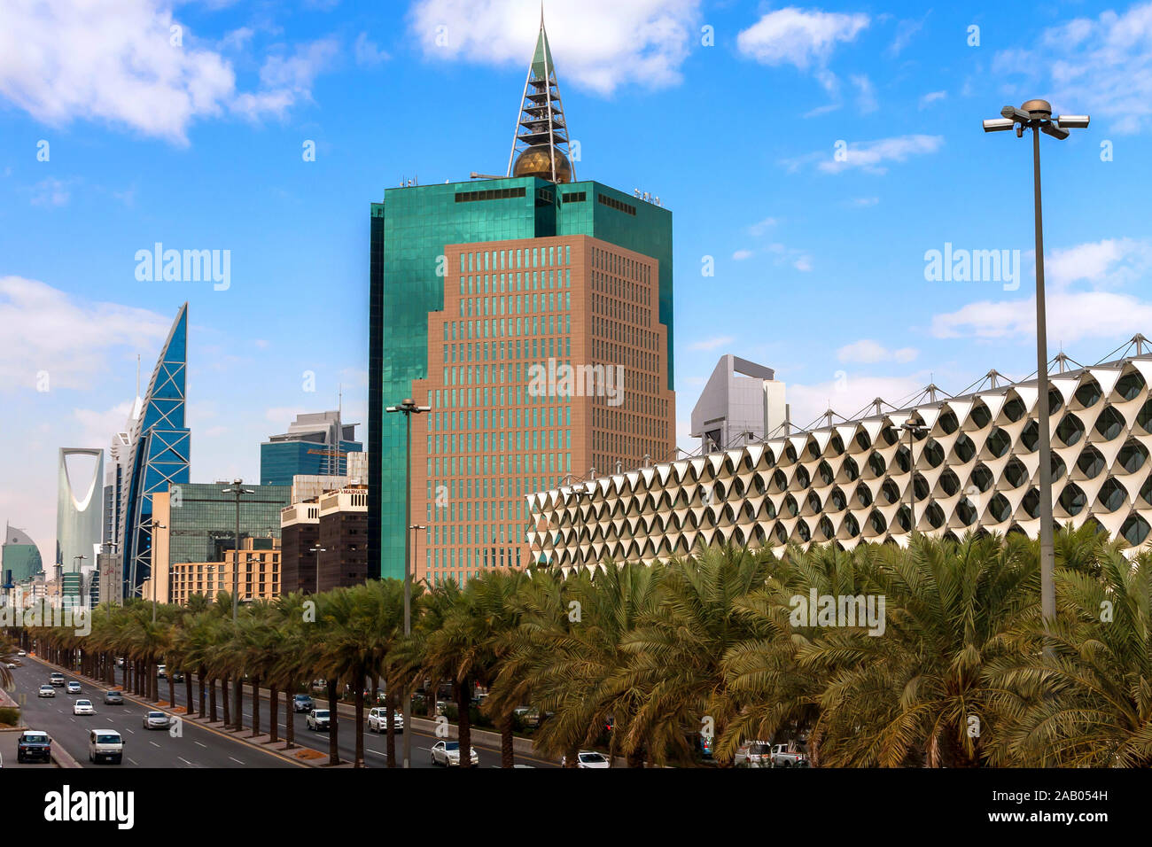 King Fahd Road, King Fahad National Library, and modern architecture in the city downtown, Riyadh Stock Photo