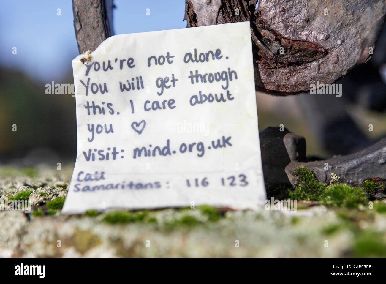 A wonderful compassionate note tied to ironwork of English Bridge in Shrewsbury. Stock Photo