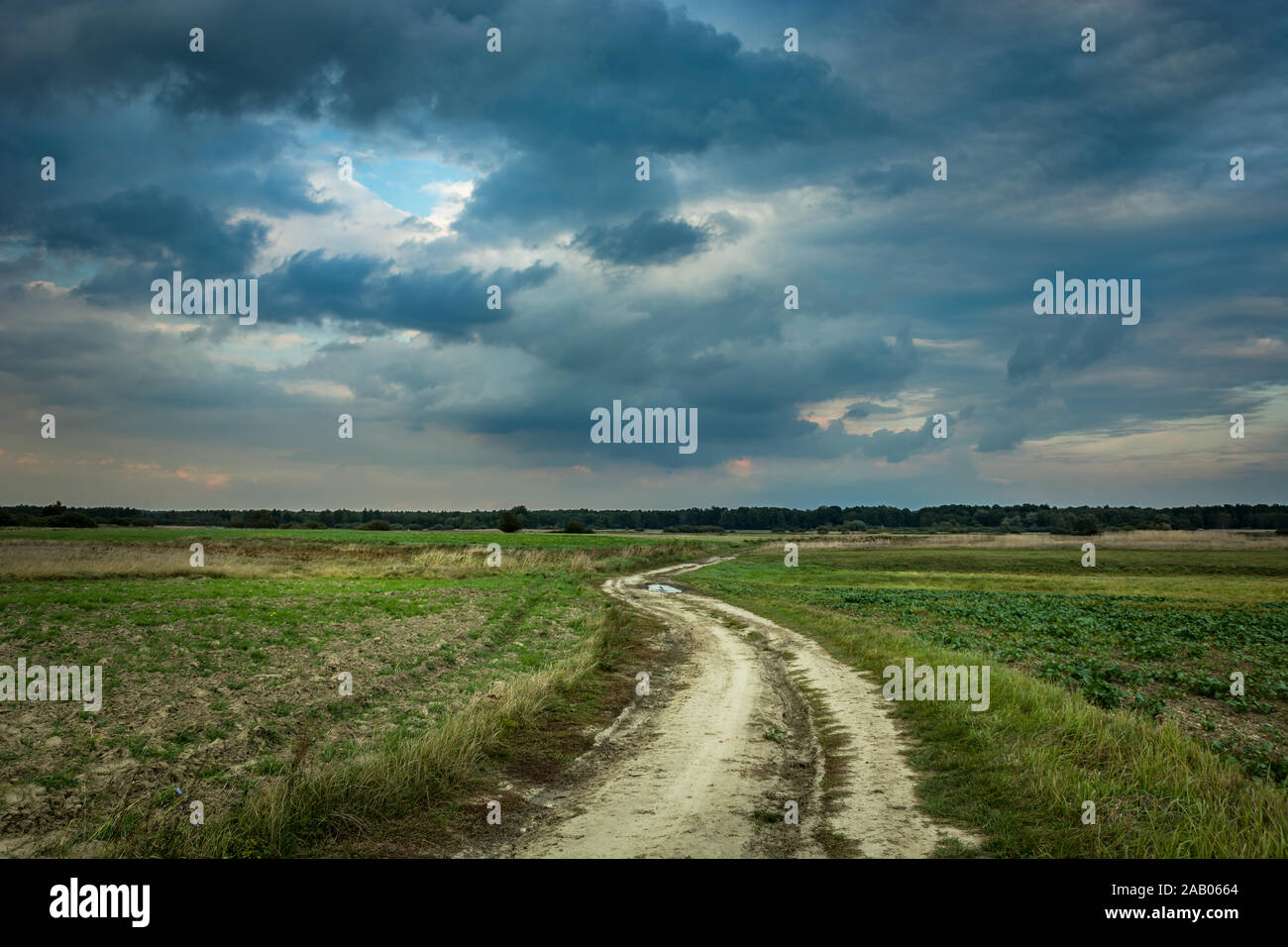 Country road through fields, horizon and dark rainy clouds on sky Stock ...