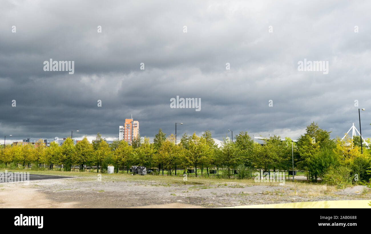 Stormy sky over Manchester skyline Stock Photo