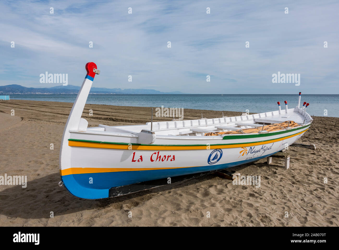 Old traditional spanish rowing Boat (Jabega) on the beach of Carihuela