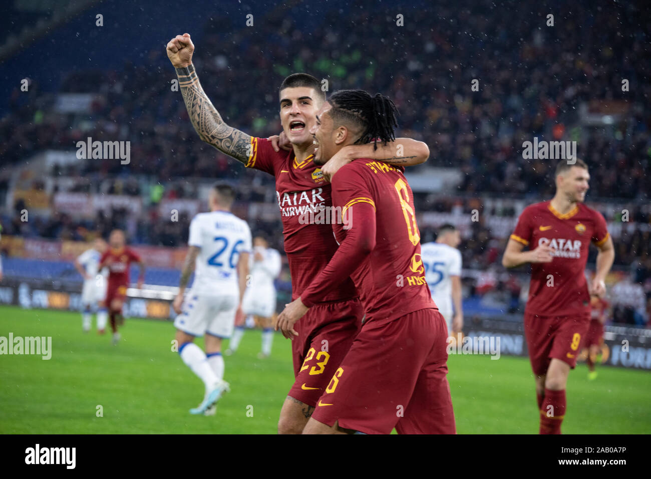 Gianluca Mancini of AS Roma celebrate a goal during the Italian Serie A football match between AS Roma and Brescia at the Olympic Stadium in Rome.(Final score; AS Roma 3:0 Brescia) Stock Photo