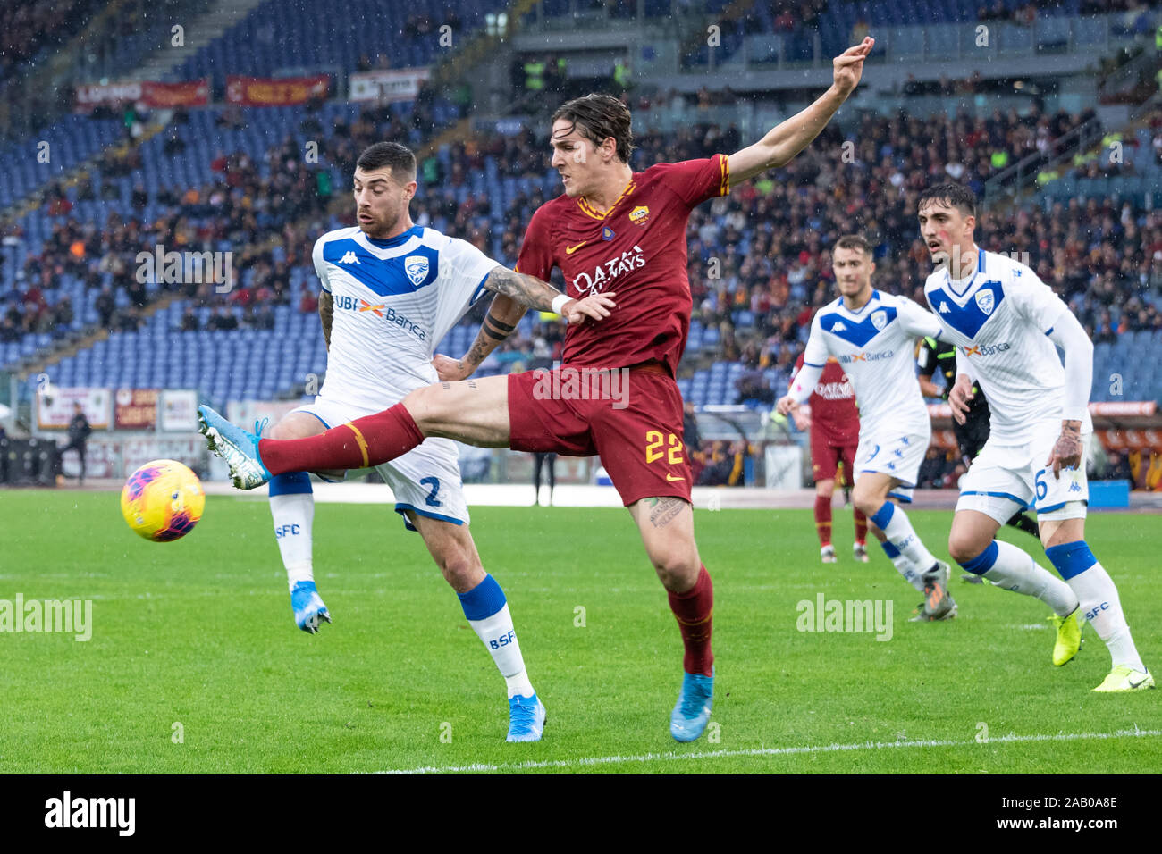 Nicolò Zanilo of AS Roma seen in action during the Italian Serie A football match between AS Roma and Brescia at the Olympic Stadium in Rome.(Final score; AS Roma 3:0 Brescia) Stock Photo