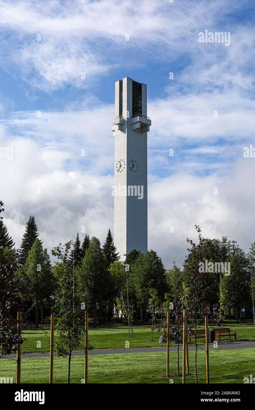Bell tower of Lakeuden Risti Church - designed by Alvar Aalto and representing Nordic functionalism architecture - in Seinäjoki, Finland Stock Photo