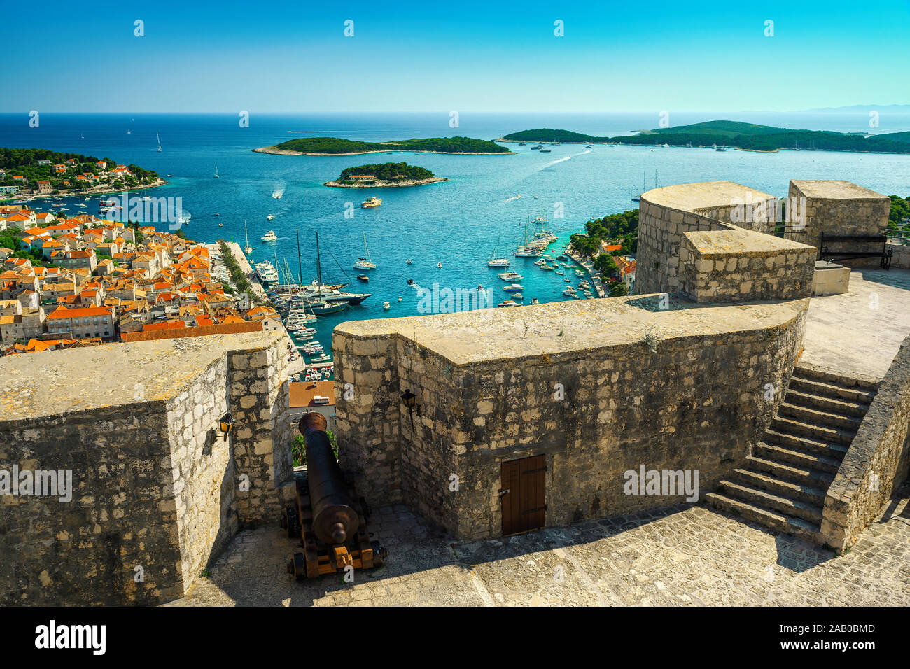 Admirable view from the medieval Tvrdava Fortica (Spanjola) fortress. Fantastic touristic and travel location with ancient fortress, Hvar town, Hvar i Stock Photo