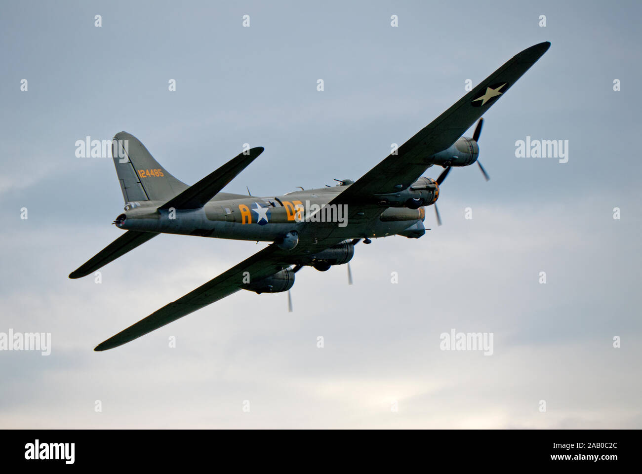 American B-17 Flying Fortress takes to the skies during the Duxford Battle of Britain airshow. Stock Photo