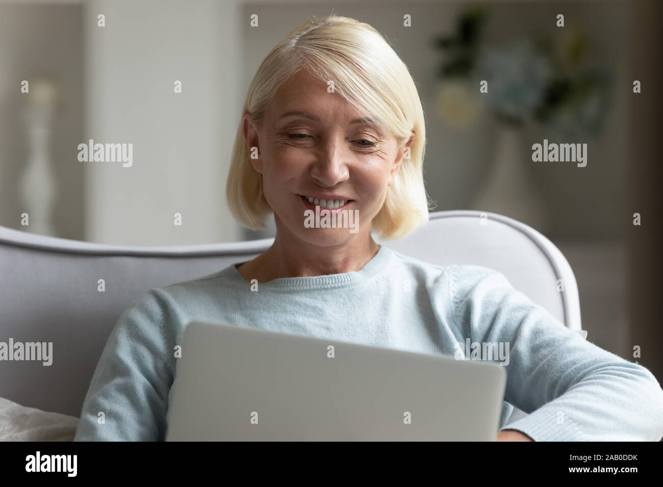 Elderly woman chatting online with friend using computer Stock Photo