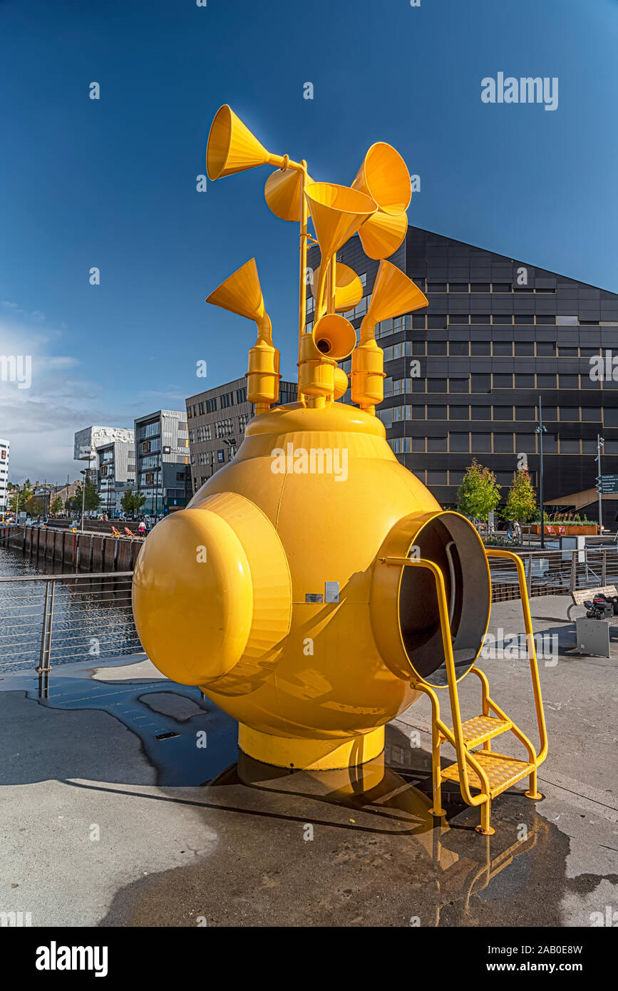 TRONDHEIM, NORWAY - SEPTEMBER 7, 2019: The modern sculpture 'What Does the Fjord Say'. Artist Stale Sorensen, states it was inspired by the Beatles Ye Stock Photo
