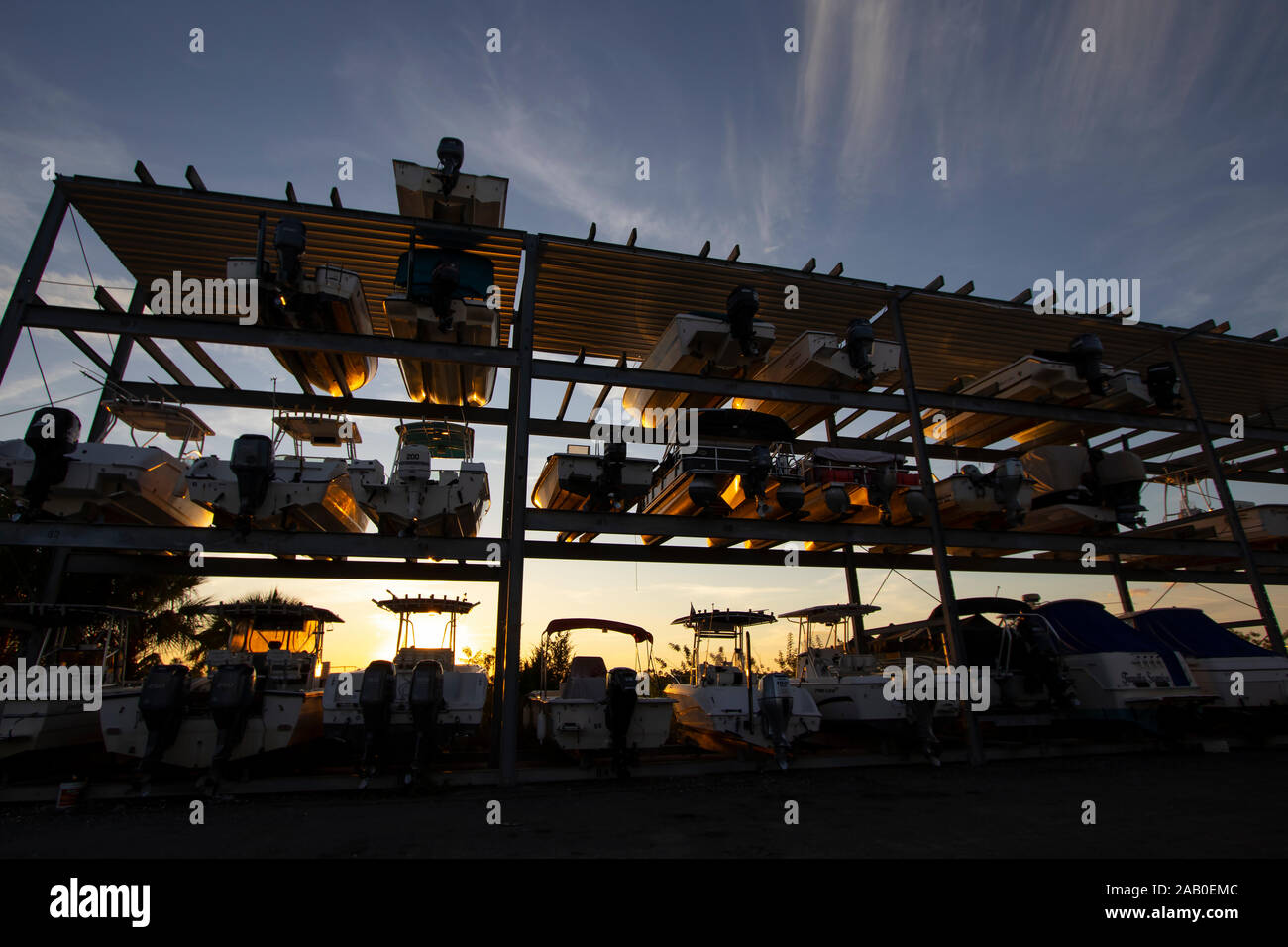 Boats on a storage rack at a Florida marina Stock Photo Alamy